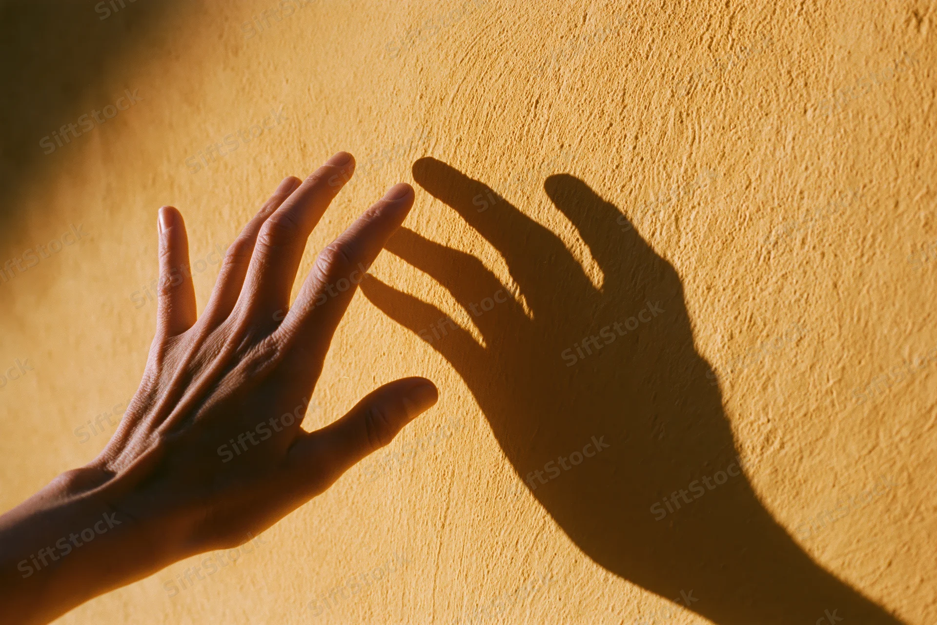 Hand reaching toward its shadow on a textured plaster wall in warm sunlight