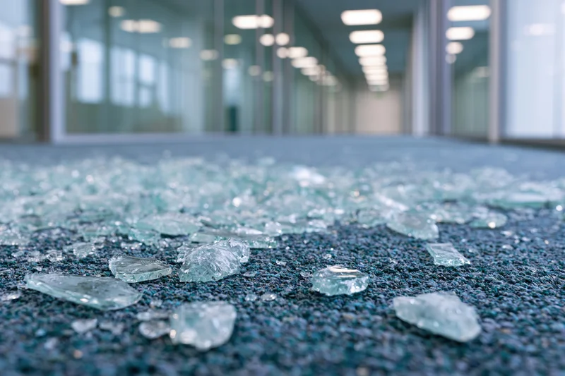 Shattered tempered glass fragments scattered across teal carpet in office hallway