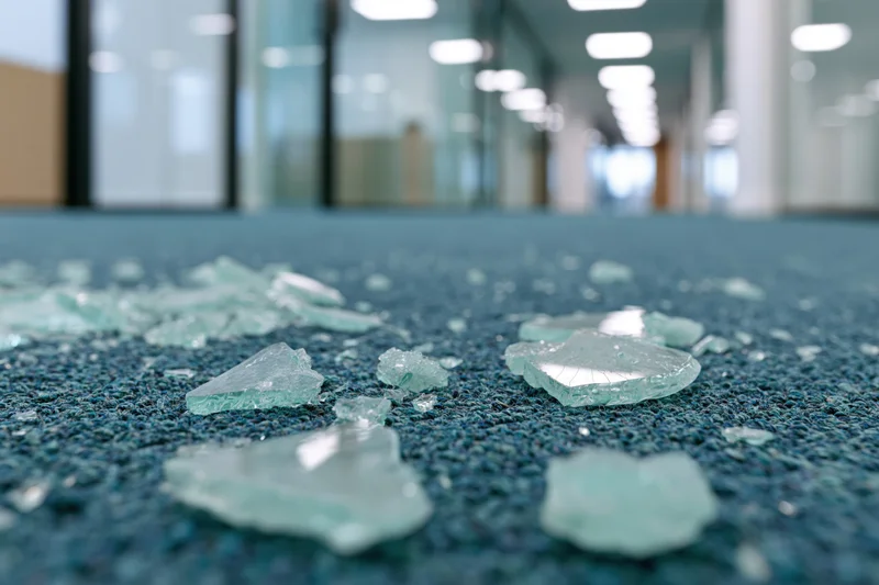 Shattered tempered glass fragments scattered across teal carpet in office corridor