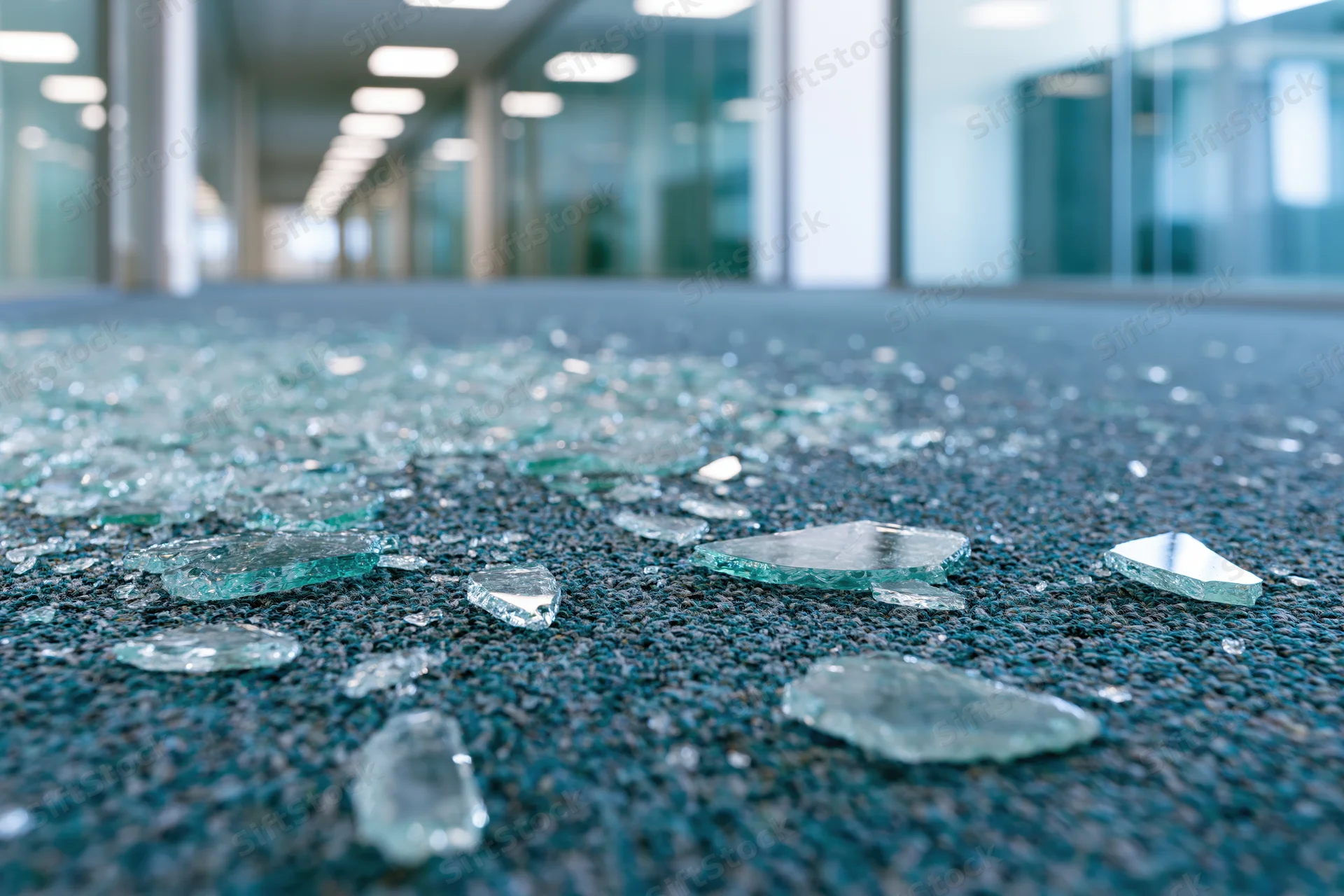 Shattered tempered glass fragments scattered across teal carpet in modern office hallway