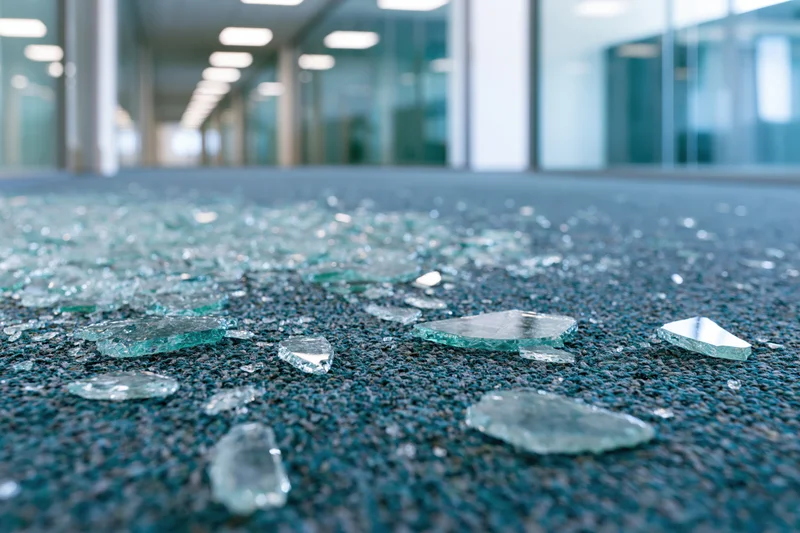 Shattered tempered glass fragments scattered across teal carpet in modern office hallway