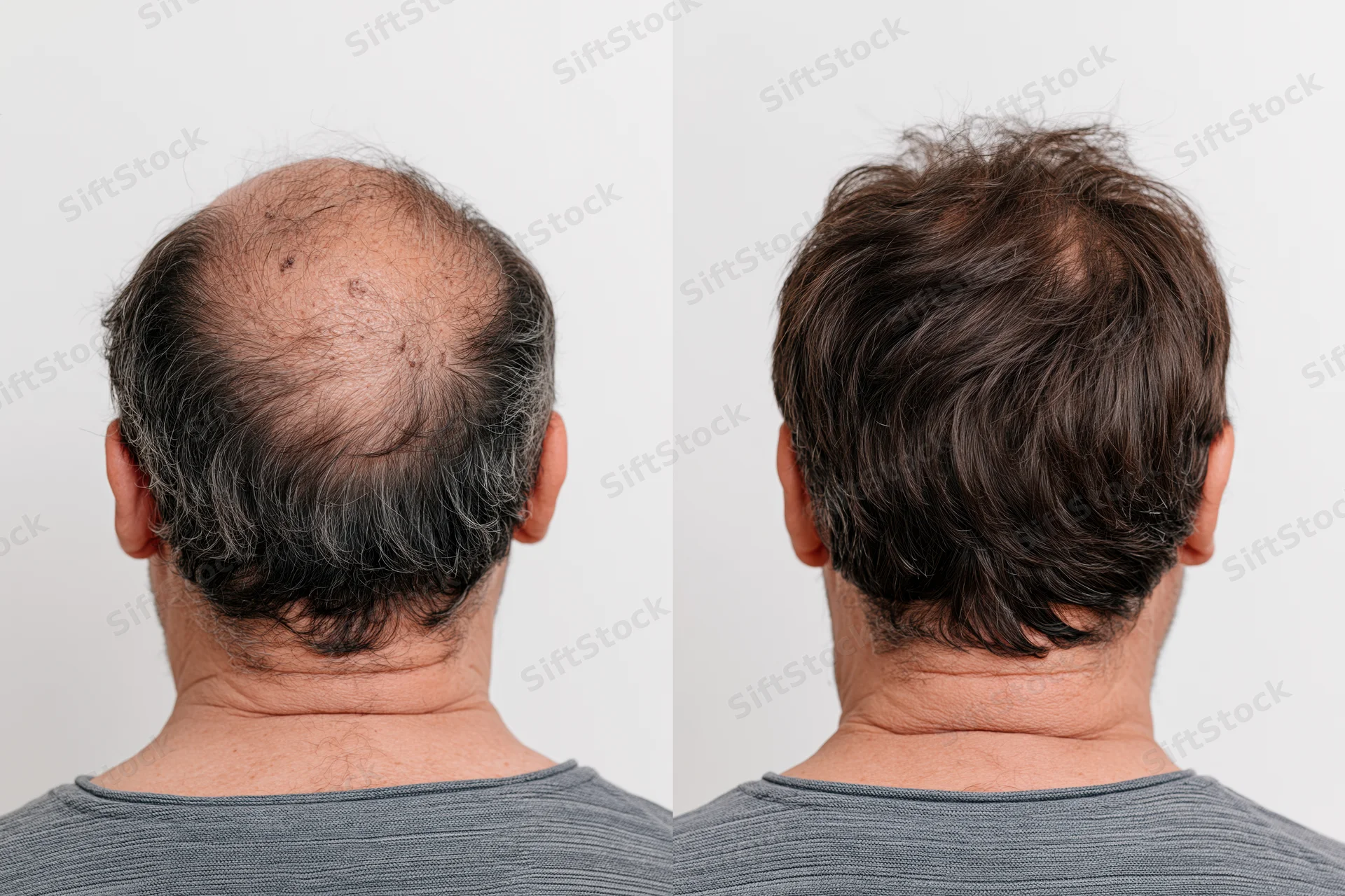 Back of a man's head showing hair loss before and after treatment, isolated on white background