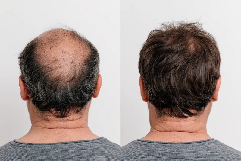 Back of a man's head showing hair loss before and after treatment, isolated on white background