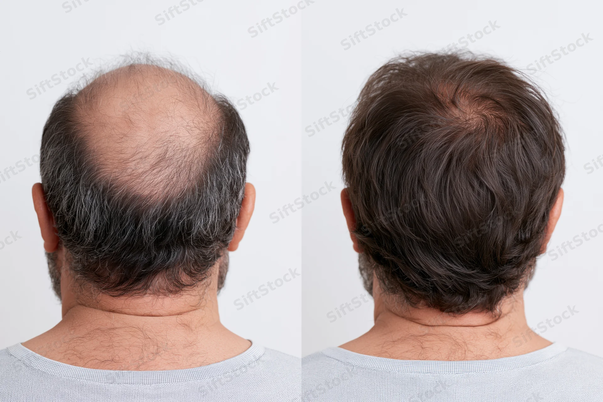 Back of a man’s head showing hair loss before and after treatment, side-by-side comparison