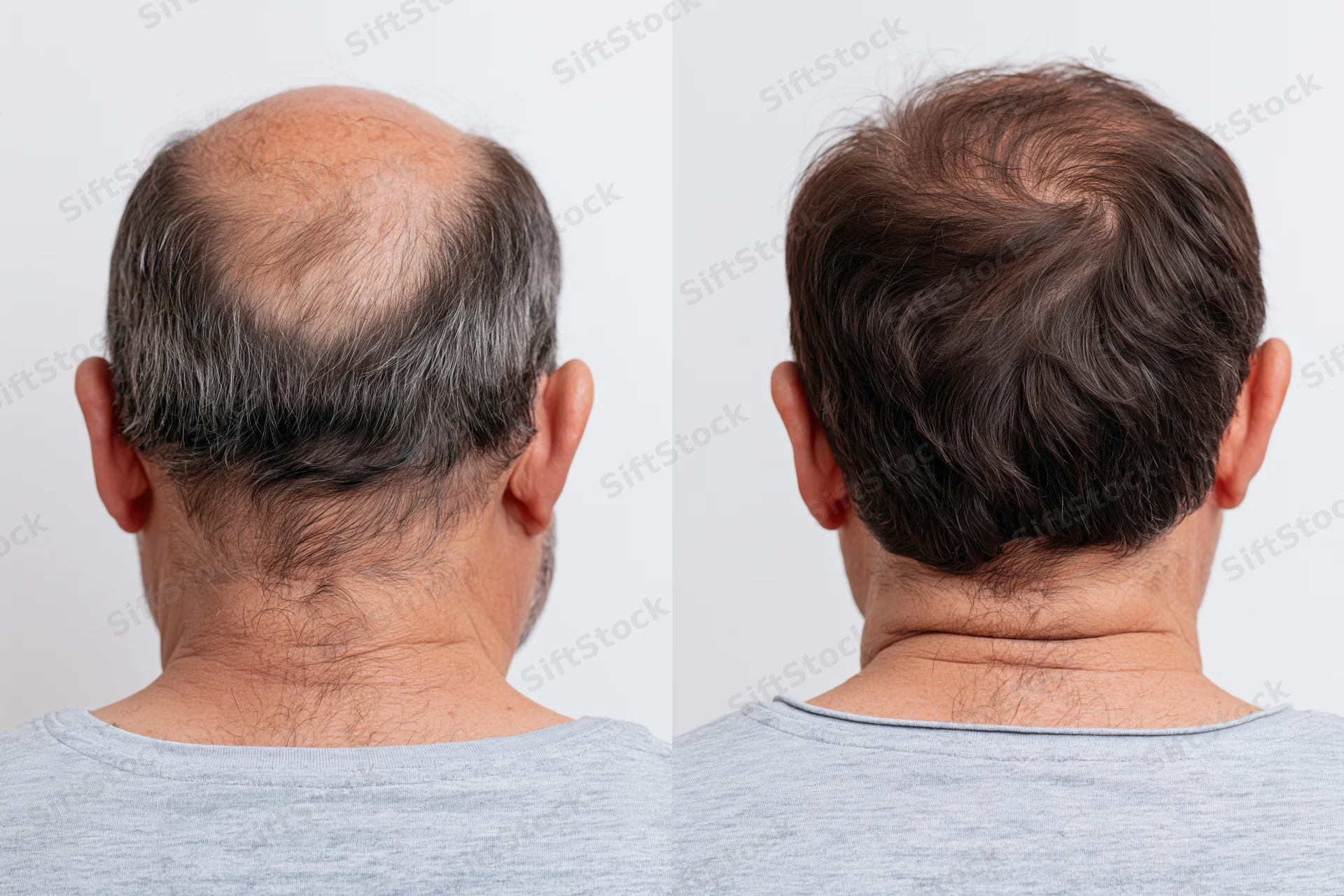 Back of a man’s head showing hair loss before and after treatment