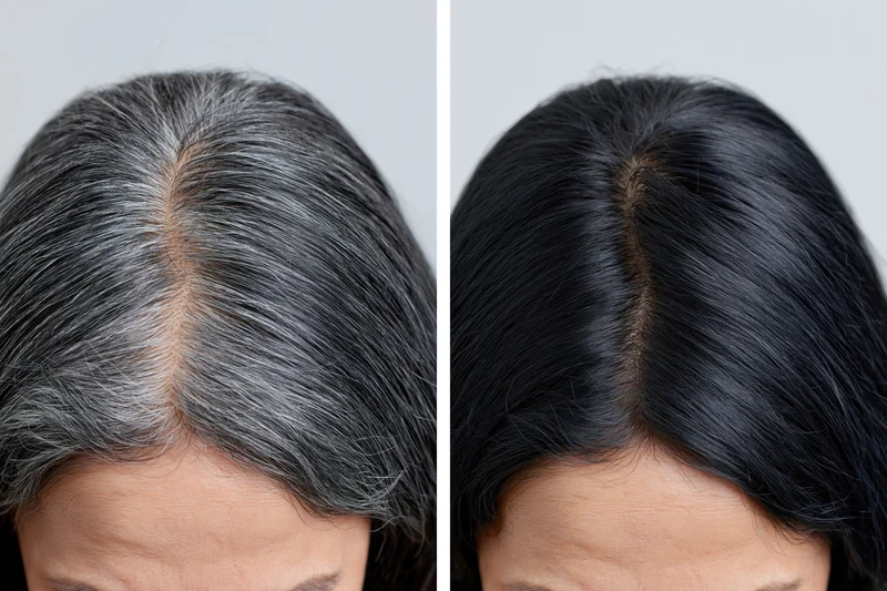 Close-up of a woman’s hair parting showing gray hair before and black hair after treatment