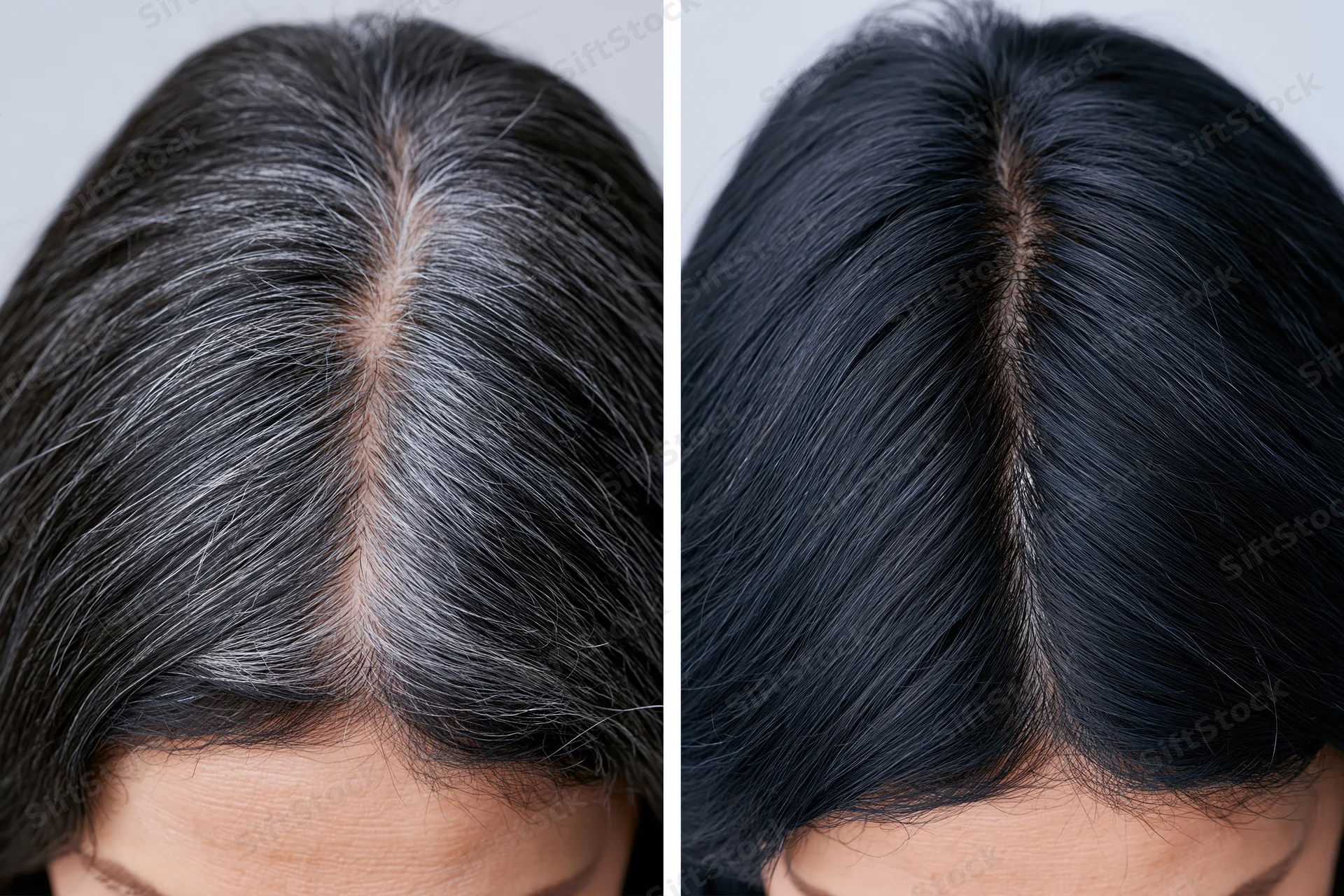 Overhead closeup of a woman's hair parting showing gray hair before and black hair after treatment