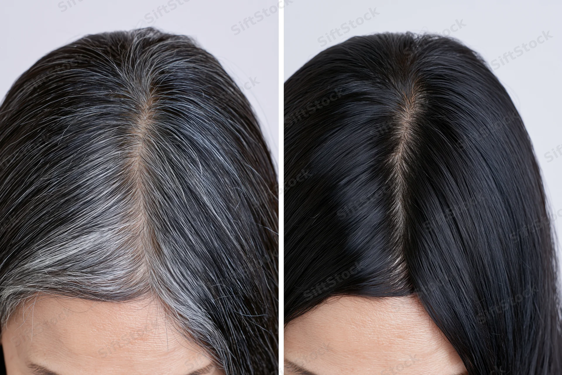 Overhead closeup of a woman's hair parting showing gray hair before and black hair after treatment