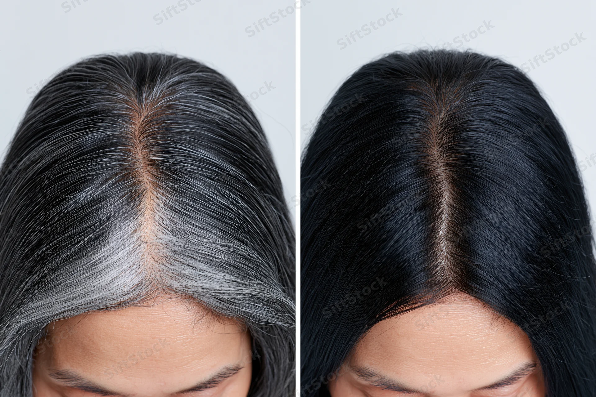Woman’s hair parting before and after dye treatment showing gray to black transformation