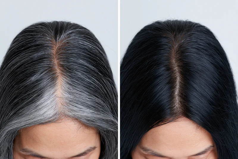 Woman’s hair parting before and after dye treatment showing gray to black transformation