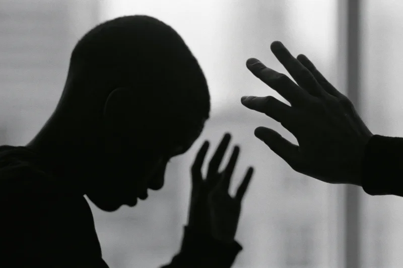 Silhouette of a young black man with head bowed and hands raised in a gesture of distress against a bright window background