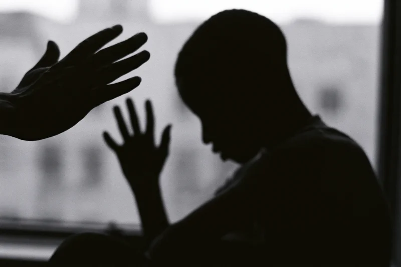 Silhouette of a young person sitting with head bowed and one hand raised toward a reaching hand near a window