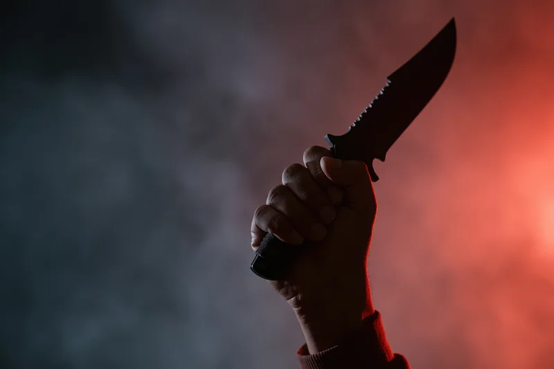 Hand gripping a tactical serrated knife raised against a smoky red and dark background