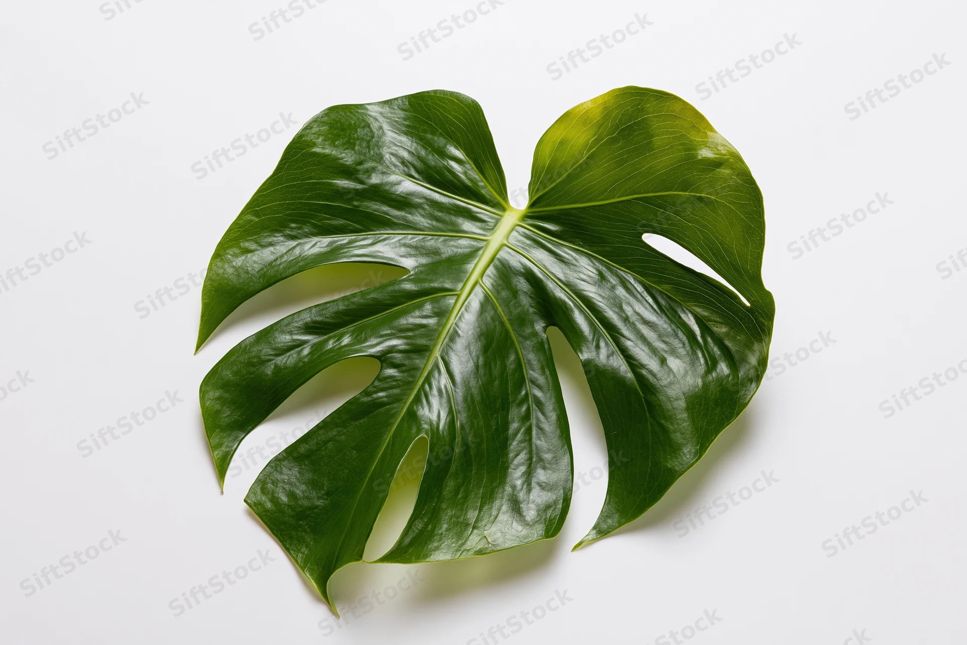 Monstera leaf laid flat on white background