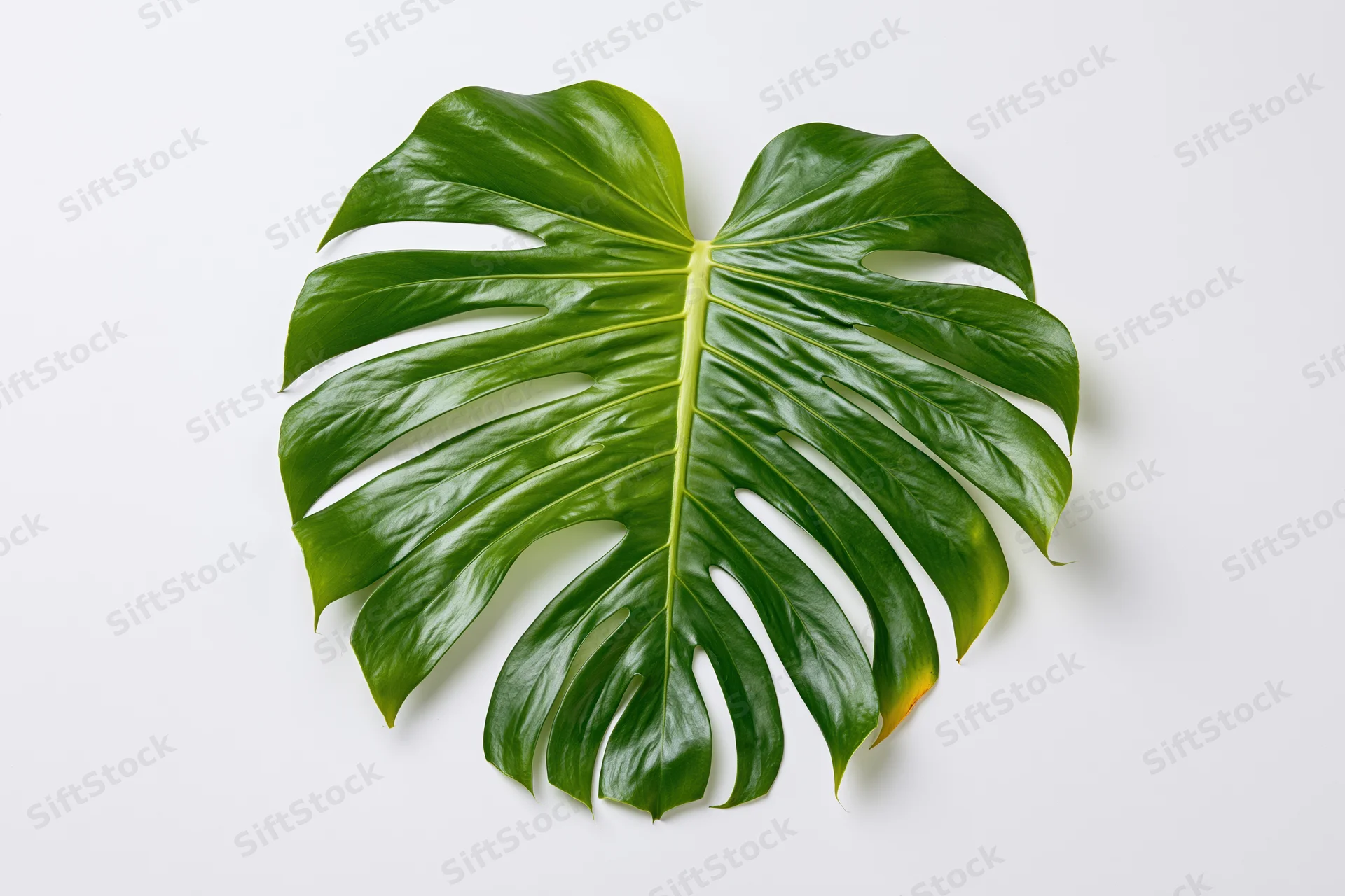 Monstera leaf laid flat on white background