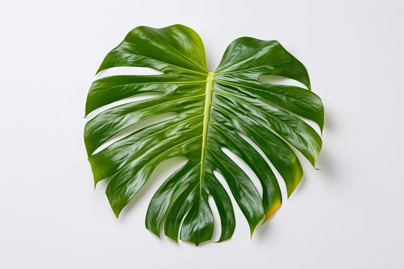 Monstera leaf laid flat on white background