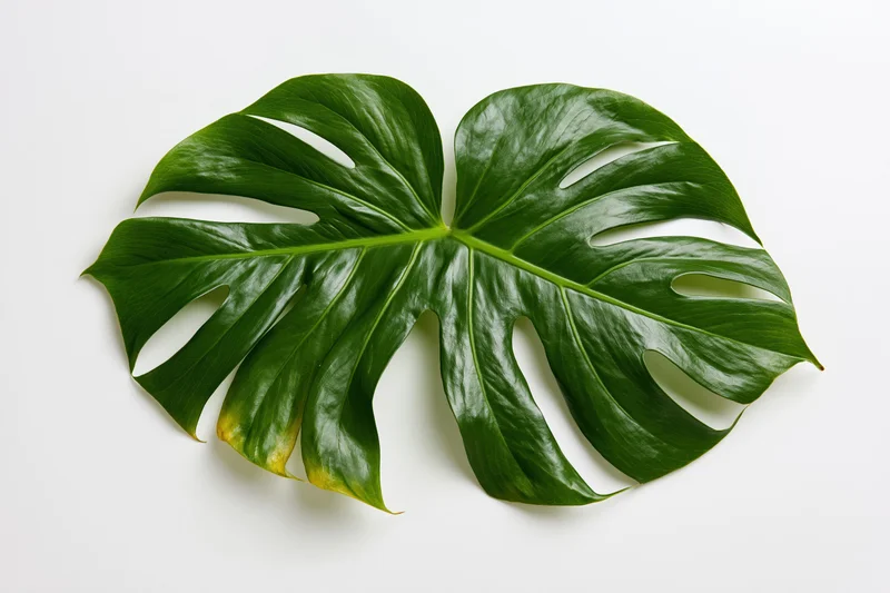 Single monstera leaf laid flat on white background