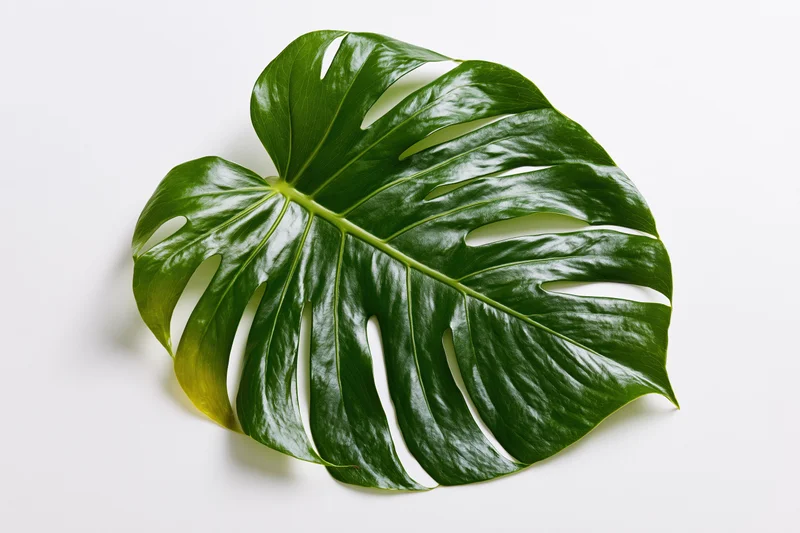 Single monstera deliciosa leaf laid flat on white background