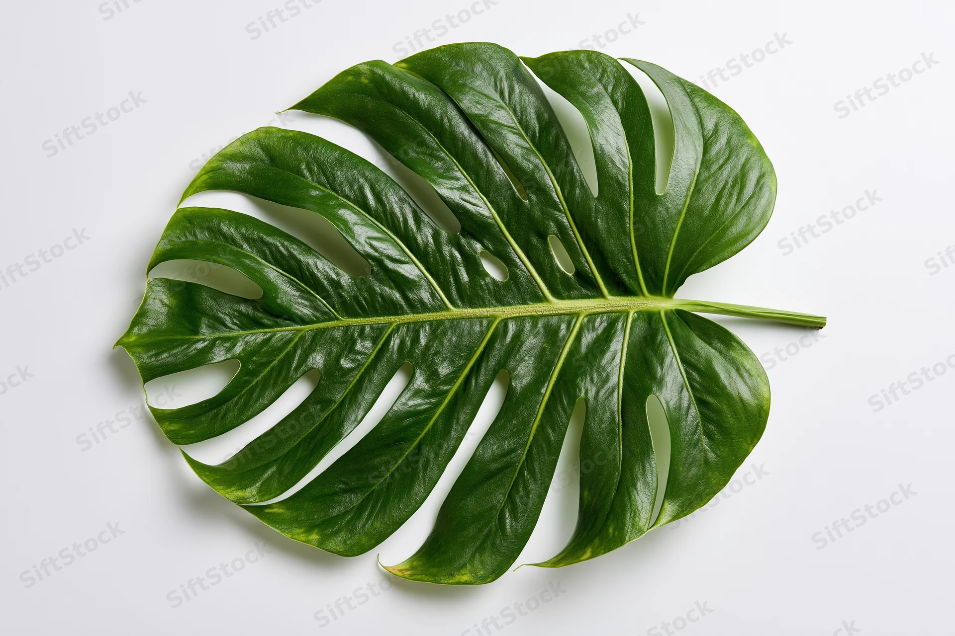 Monstera leaf laid flat on white background