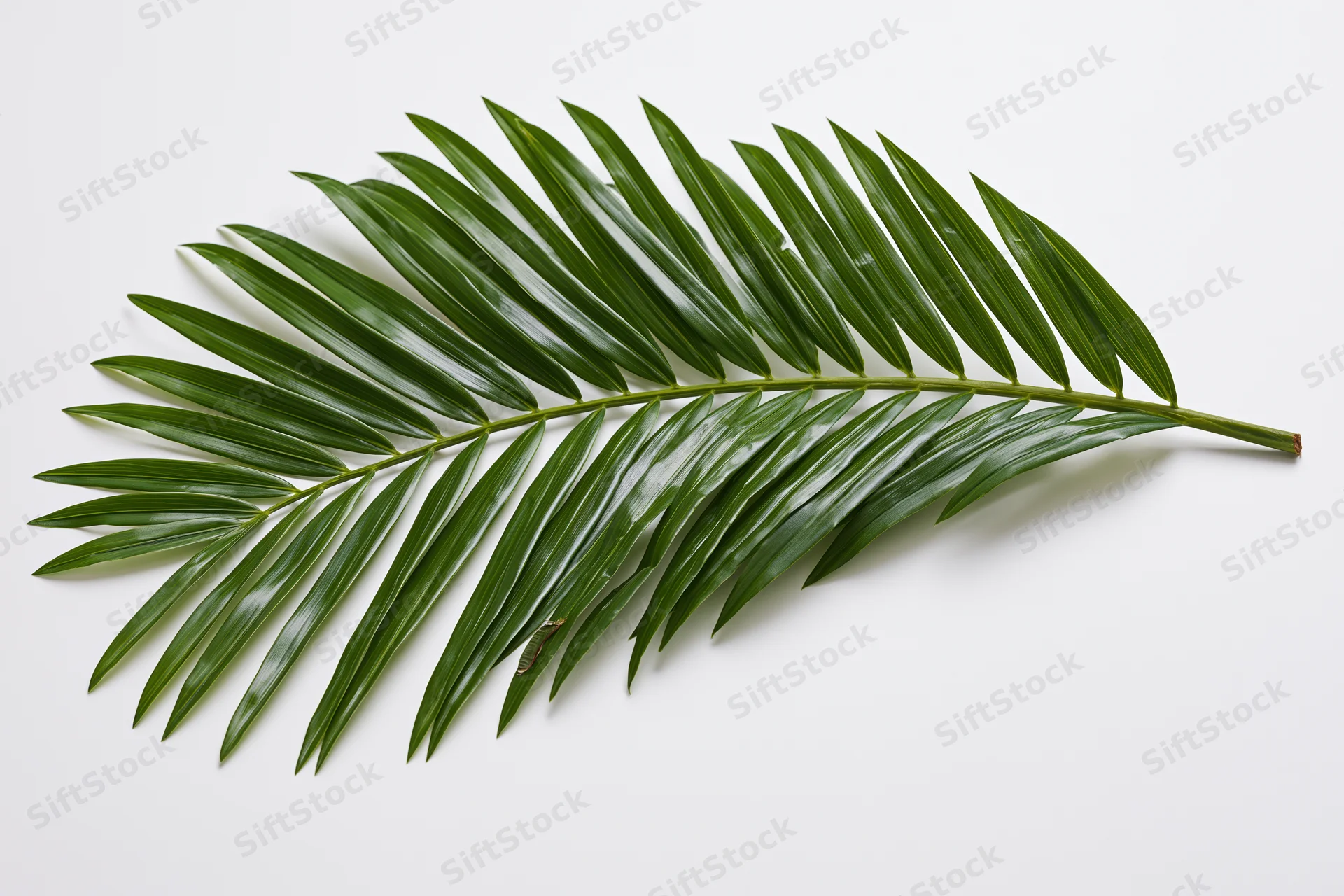 Single tropical palm frond lying flat on white surface