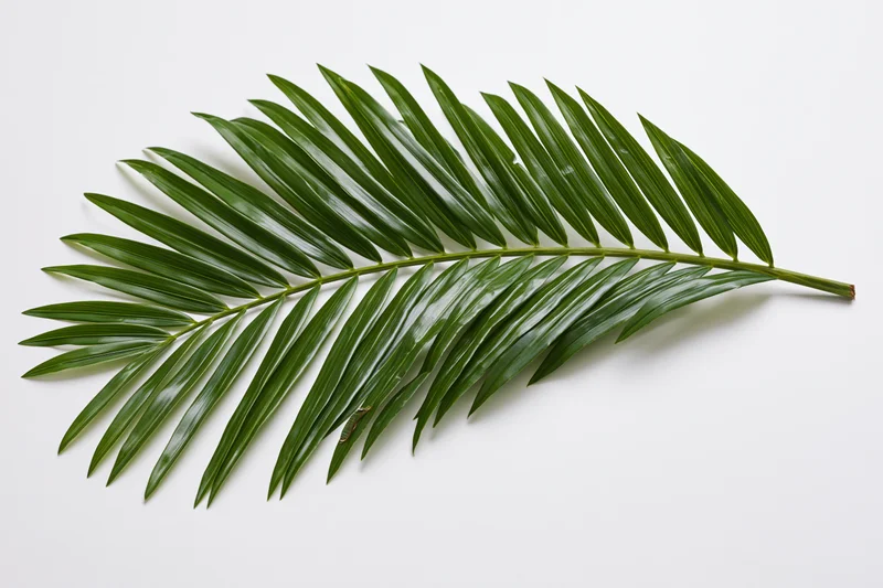 Single tropical palm frond lying flat on white surface
