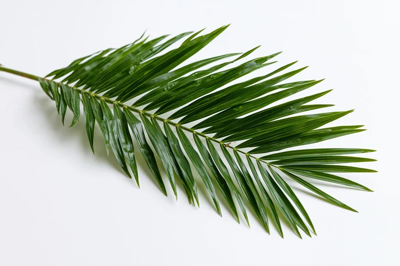 Single tropical palm frond lying flat on white surface