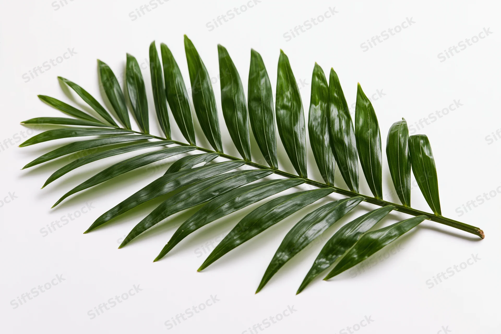 Single tropical palm frond lying flat on white background