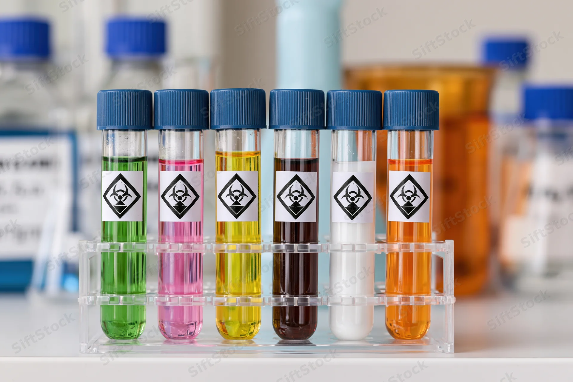 Six color-coded test tubes with biohazard labels in a clear plastic rack on a lab bench
