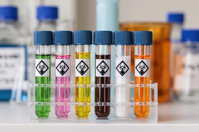 Six color-coded test tubes with biohazard labels in a clear plastic rack on a lab bench