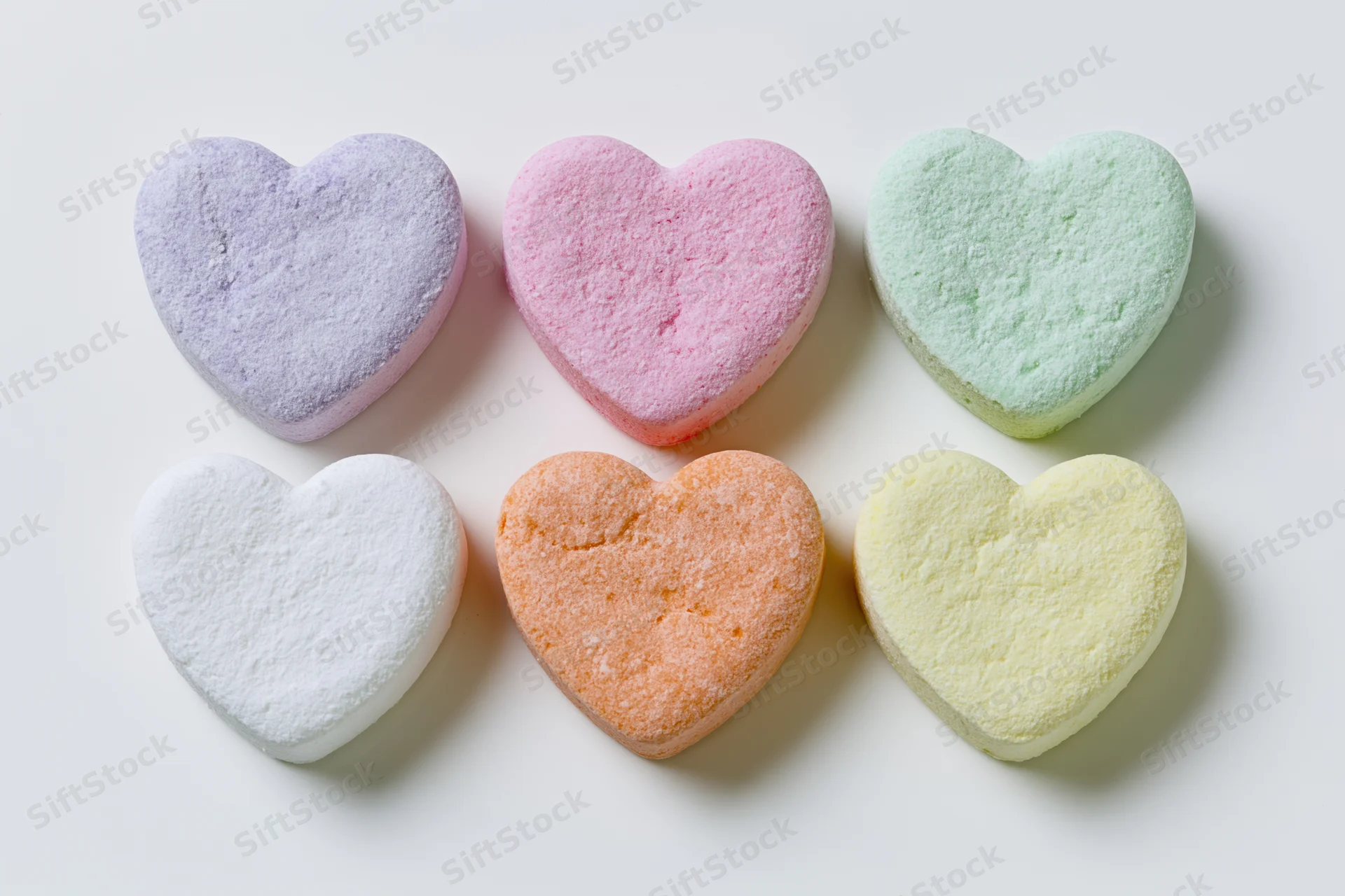 Six heart-shaped pastel bath bombs arranged in two rows on a white surface