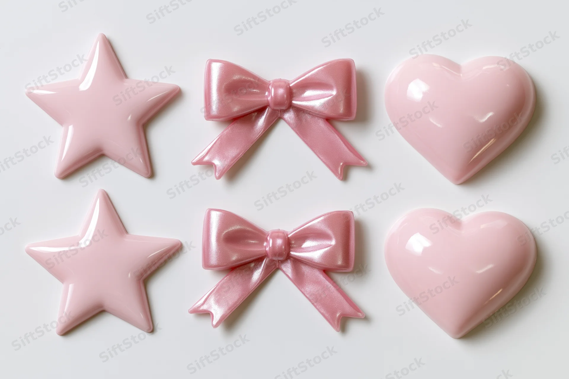 Six pink plastic decorative shapes arranged in two rows on white background