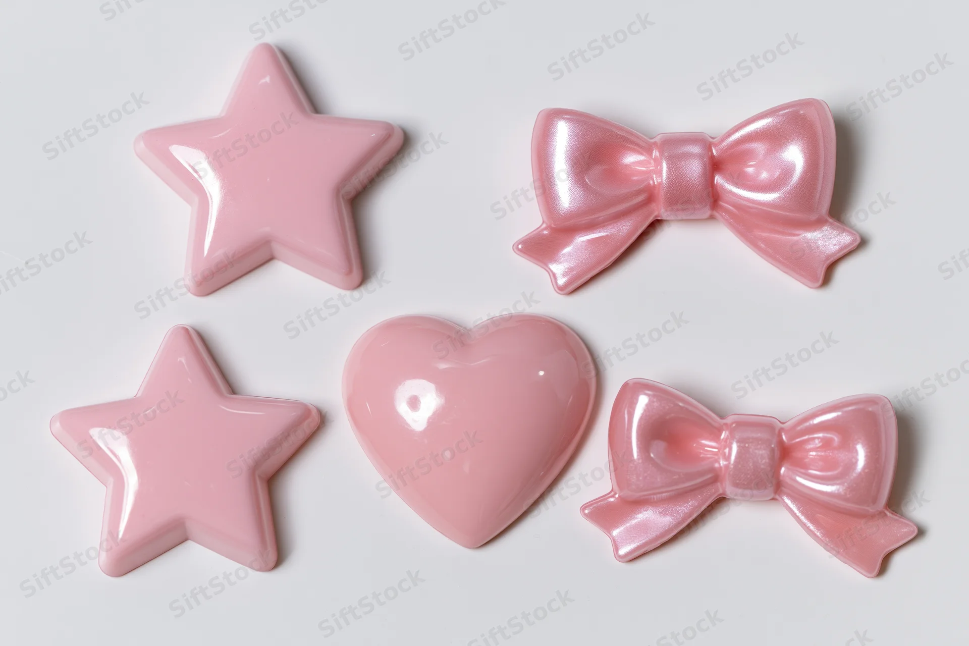 Five pink plastic decorative shapes including stars, a heart, and bows arranged in two rows on a white surface