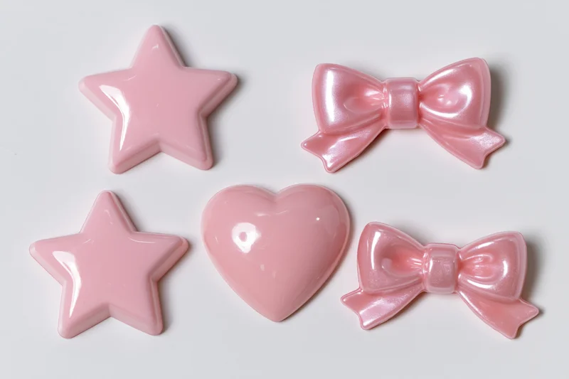 Five pink plastic decorative shapes including stars, a heart, and bows arranged in two rows on a white surface