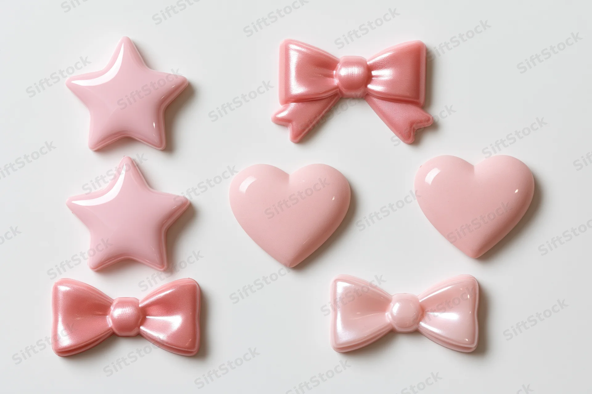 Six pink plastic decorative shapes arranged in two rows on white background