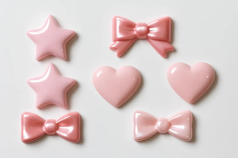 Six pink plastic decorative shapes arranged in two rows on white background