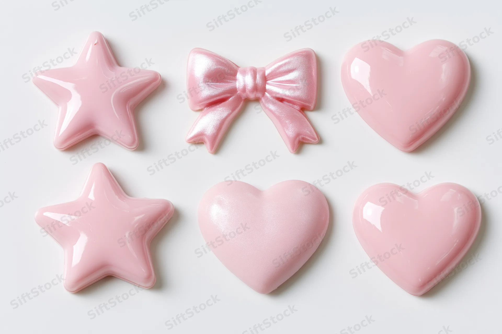Six pink plastic decorative shapes arranged in two rows on white background