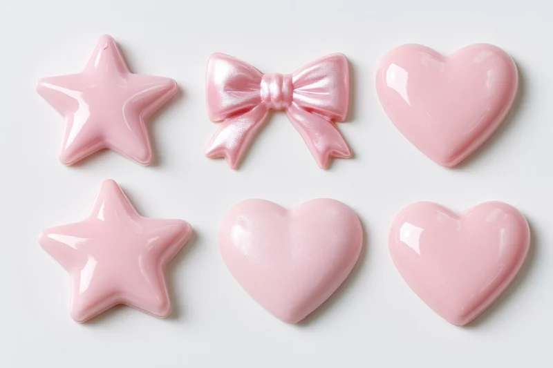 Six pink plastic decorative shapes arranged in two rows on white background