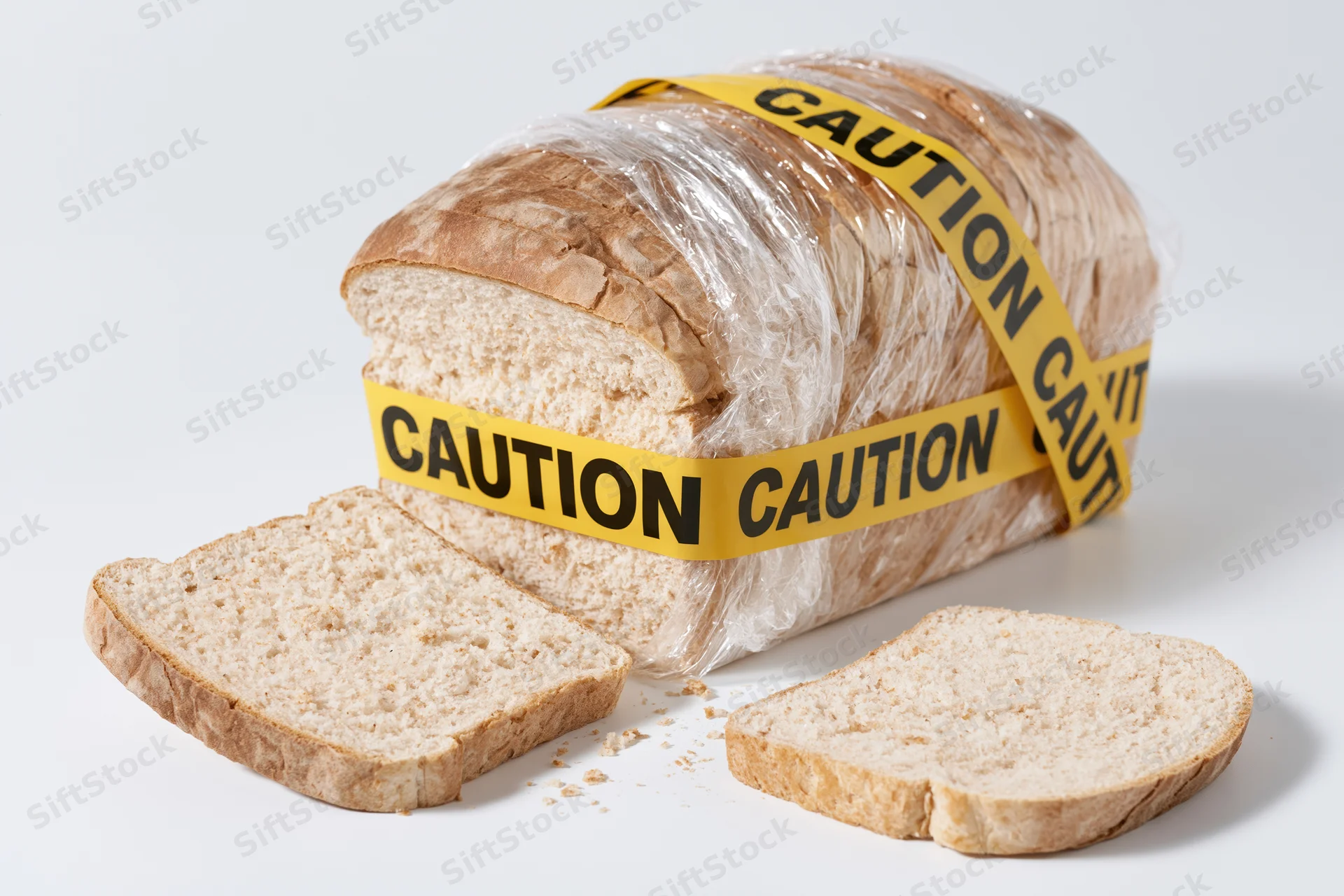 Loaf of white sandwich bread wrapped in plastic and yellow caution tape with slices cut and placed beside it on a white surface