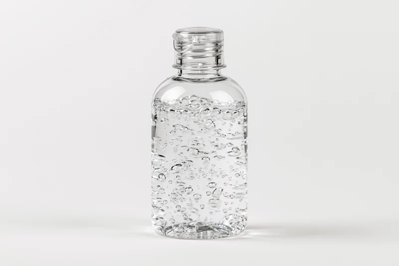 Clear plastic bottle filled with gel hand sanitizer on white background