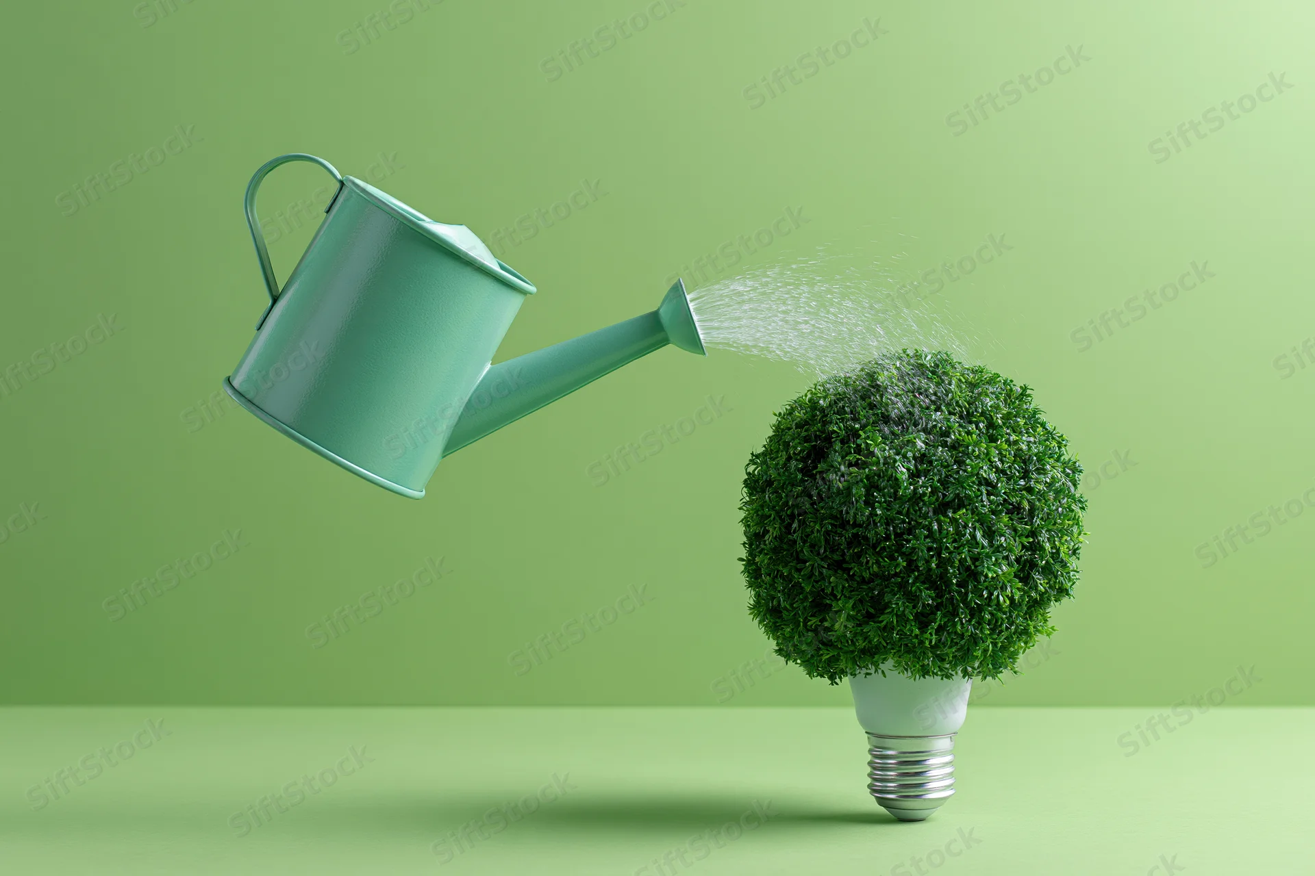 Mint-green watering can pouring water onto a spherical green plant growing from a lightbulb base on a green surface