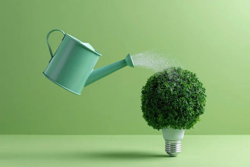 Mint-green watering can pouring water onto a spherical green plant growing from a lightbulb base on a green surface