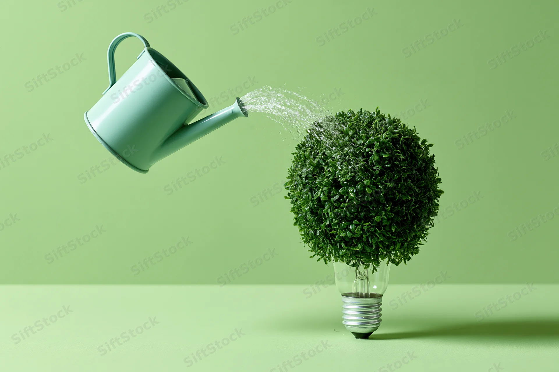 Mint-green watering can pouring water onto a spherical green plant growing from a lightbulb base on a green surface