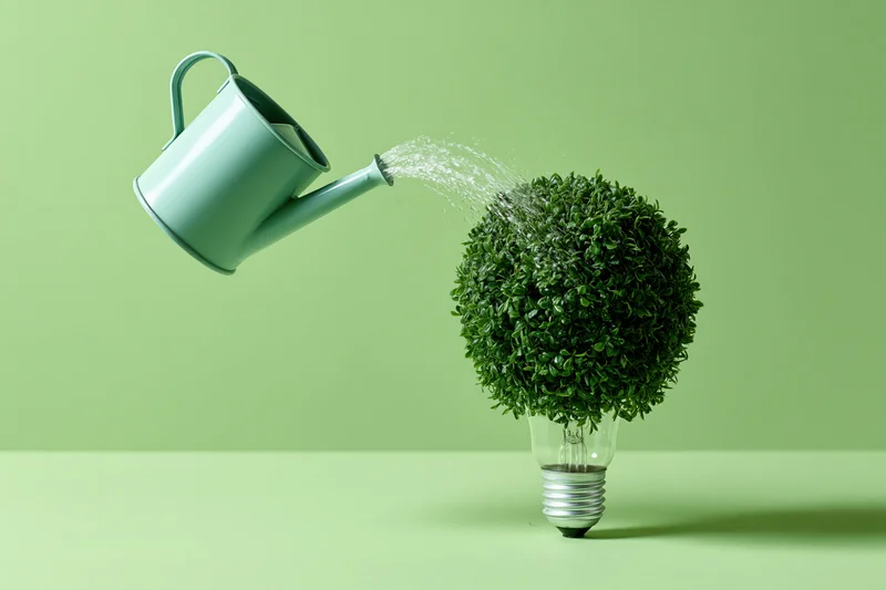 Mint-green watering can pouring water onto a spherical green plant growing from a lightbulb base on a green surface