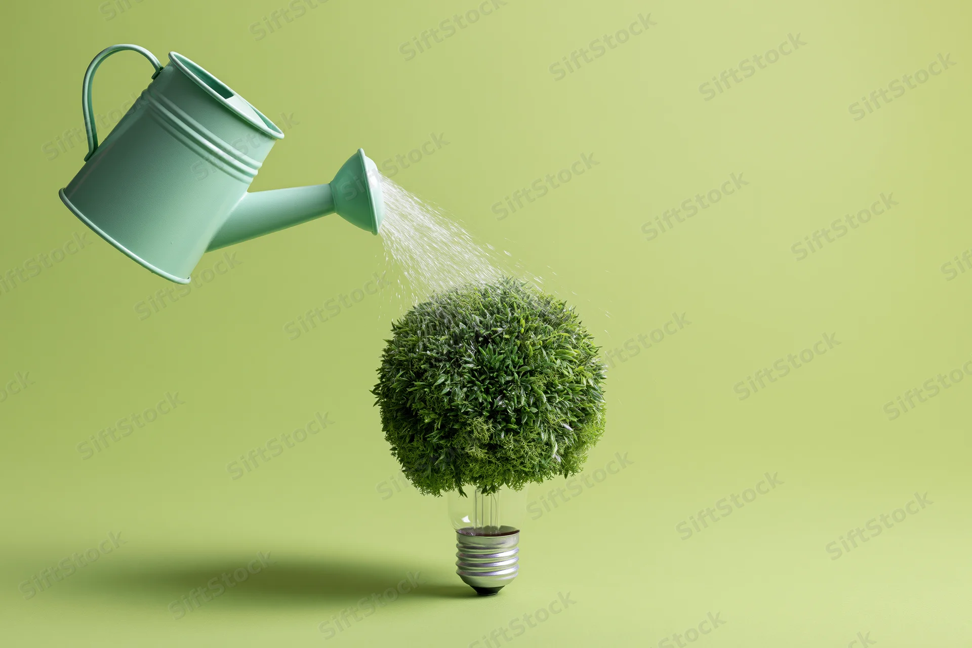 Mint-green watering can pouring water onto a plant growing from a lightbulb against a green background