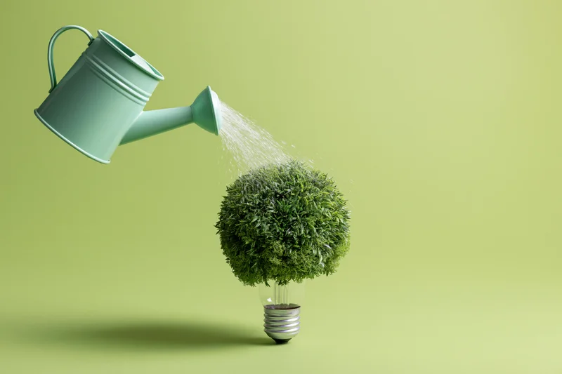 Mint-green watering can pouring water onto a plant growing from a lightbulb against a green background