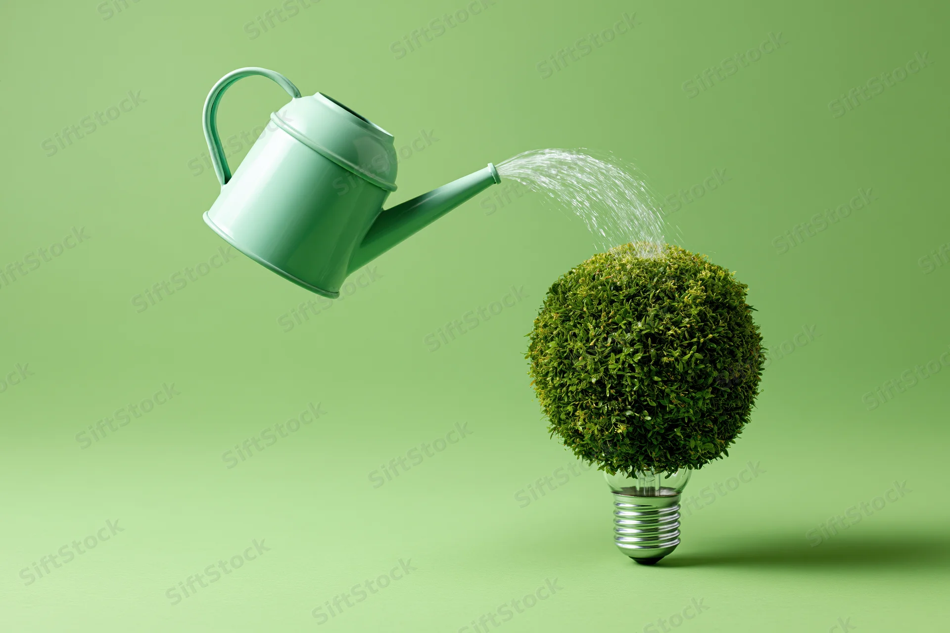 Mint-green watering can pouring water onto a spherical green plant growing from a lightbulb base on a green background