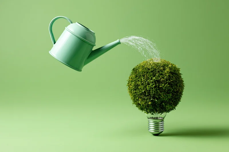 Mint-green watering can pouring water onto a spherical green plant growing from a lightbulb base on a green background