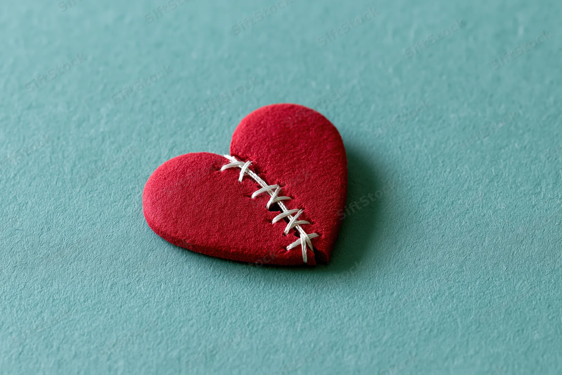 Red foam heart with white stitching across a crack resting on a teal surface