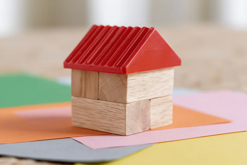 Small wooden toy house built from stacked blocks on colorful paper sheets