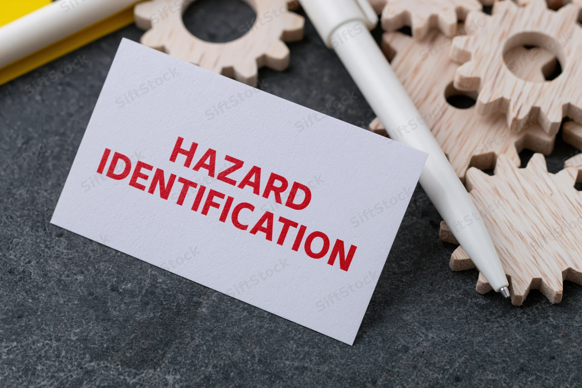 White business card with red text hazard identification on dark surface beside wooden gears and pen